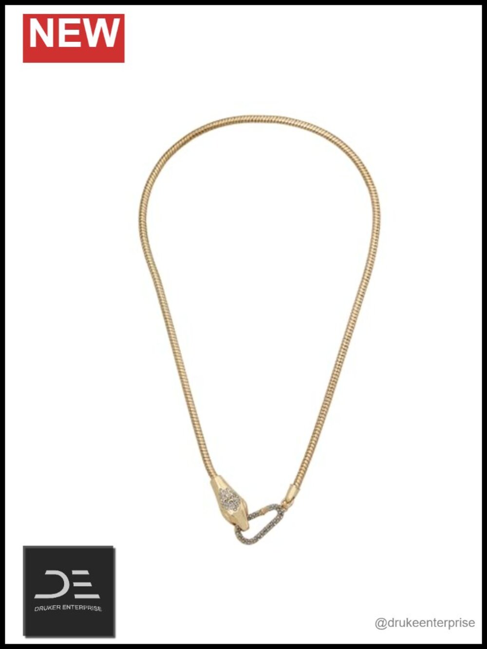 Snake Chain Strand Necklace 16.5" Carabiner Clasp Brass Diamond